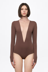 Brown bodysuit with a deep V-neck