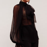 Black Silk Chiffon Shirt With Attached Scarf