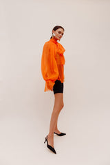 Orange Chiffon Shirt With Attached Scarf