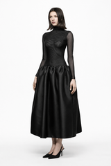 Black high neck tulle midi dress with taffeta skirt