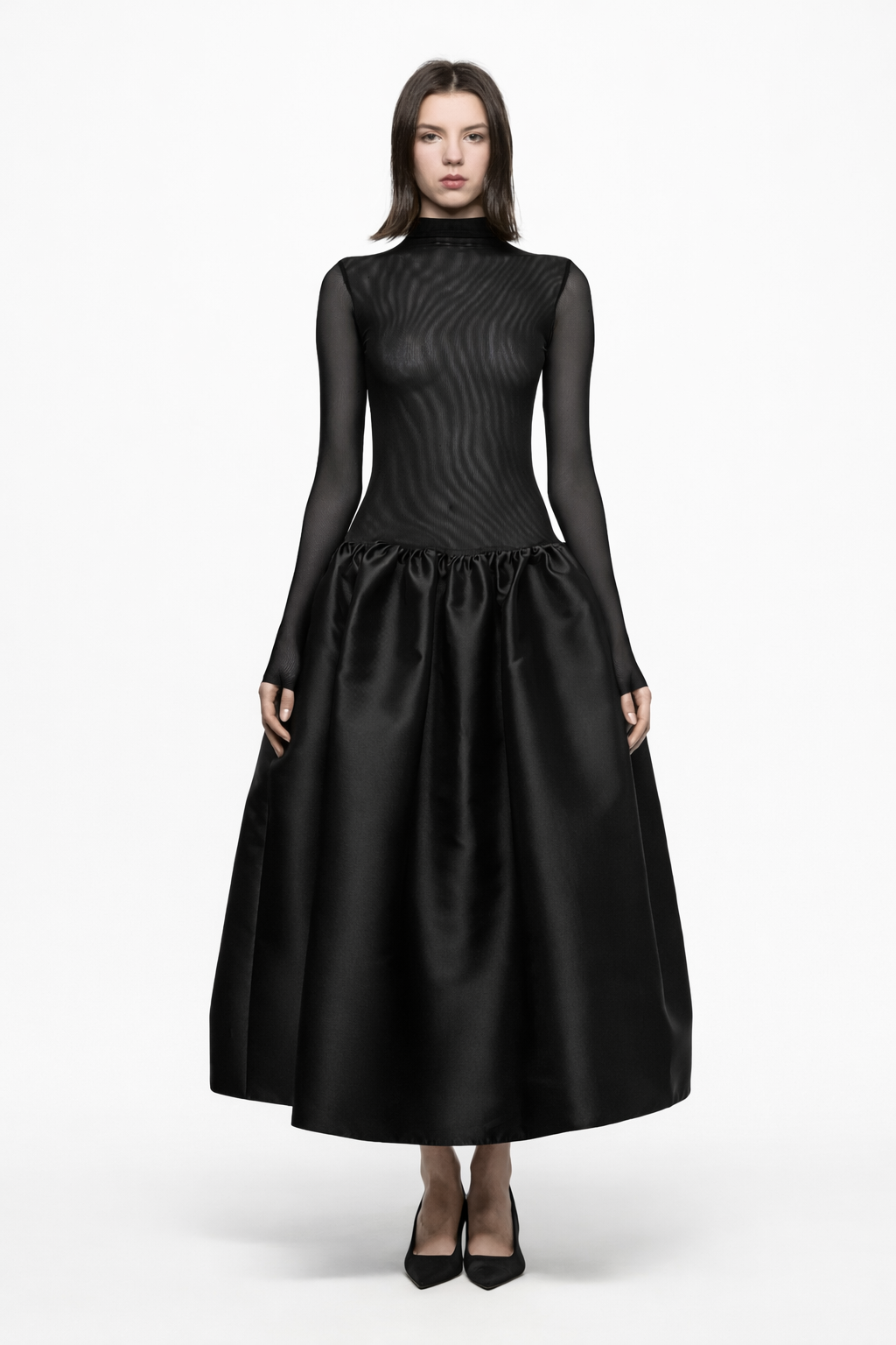 Black high neck tulle midi dress with taffeta skirt