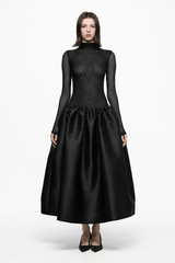 Black high neck tulle midi dress with taffeta skirt