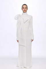 High neck sequin dress with organza bow detail