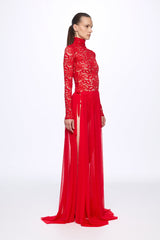 High neck lace RED bodysuit