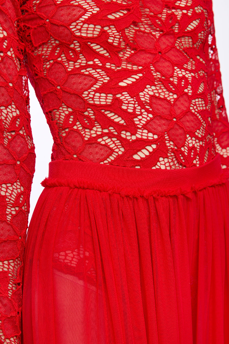 High neck lace RED bodysuit