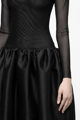 Black high neck tulle midi dress with taffeta skirt