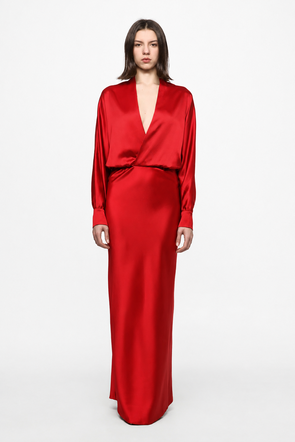 V-neck long-sleeve gown in red