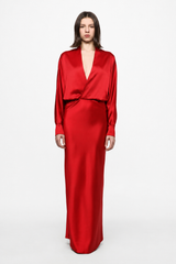V-neck long-sleeve gown in red