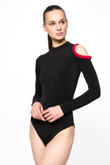 Bodysuit With Cut Away Red Shoulder