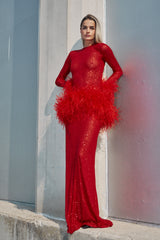 High neck sequin dress with feathers