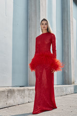 High neck sequin dress with feathers