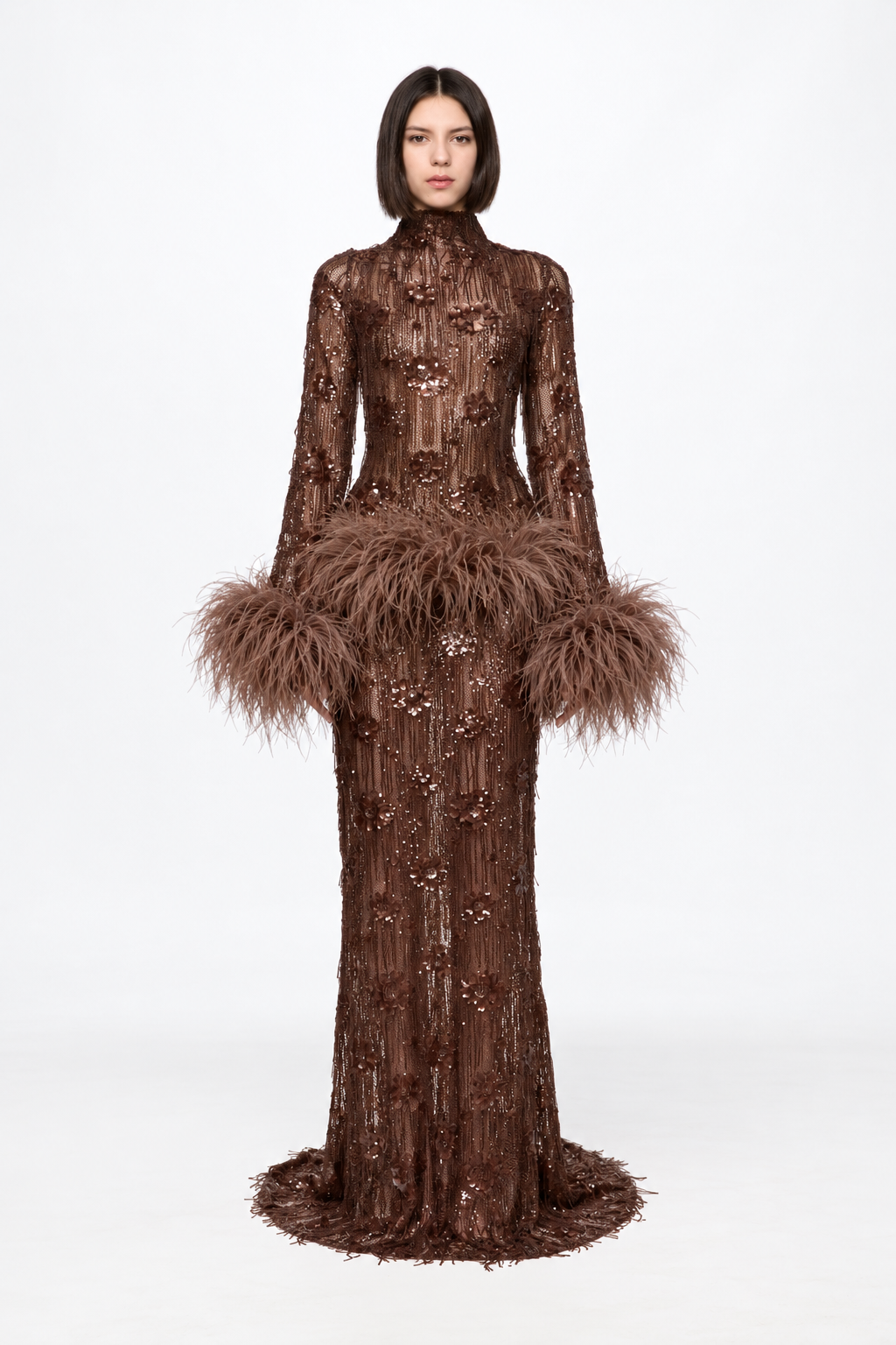 Long sleeved dress in chocolate with feather applications