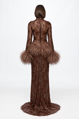 Long sleeved dress in chocolate with feather applications