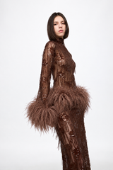 Long sleeved dress in chocolate with feather applications