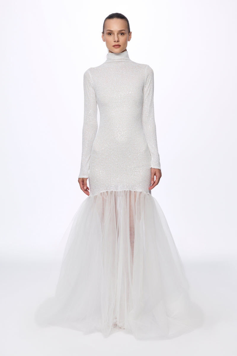 Turtleneck sequin and tulle gown dress