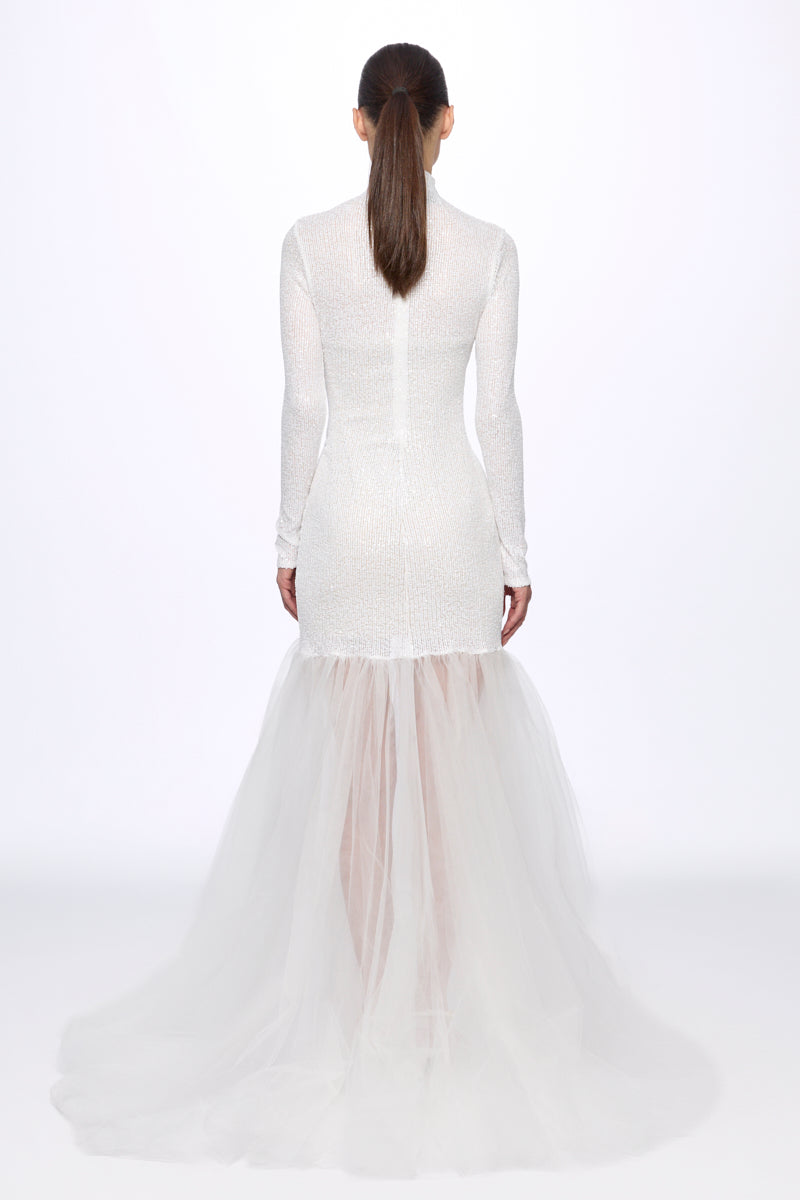 Turtleneck sequin and tulle gown dress