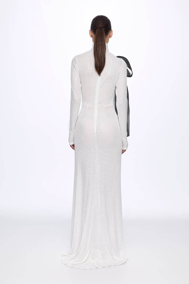 High neck sequin dress with organza bow detail