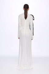 High neck sequin dress with organza bow detail