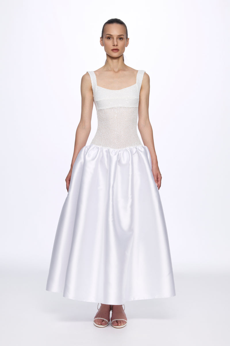 White sequin corset detail flared dress