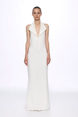 White halter-neck front buttons maxi dress