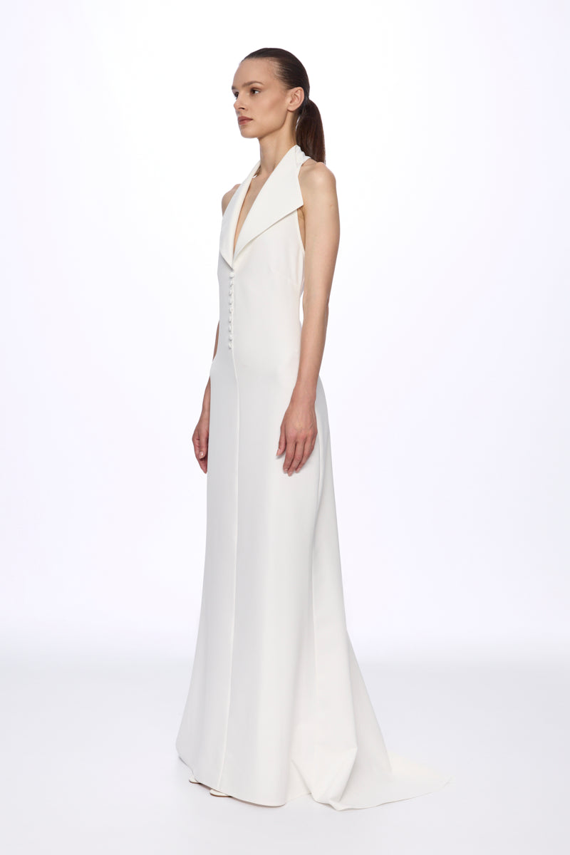 White halter-neck front buttons maxi dress