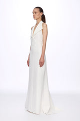 White halter-neck front buttons maxi dress