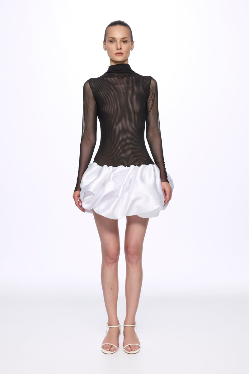 Mini dress with low waist ruffle skirt