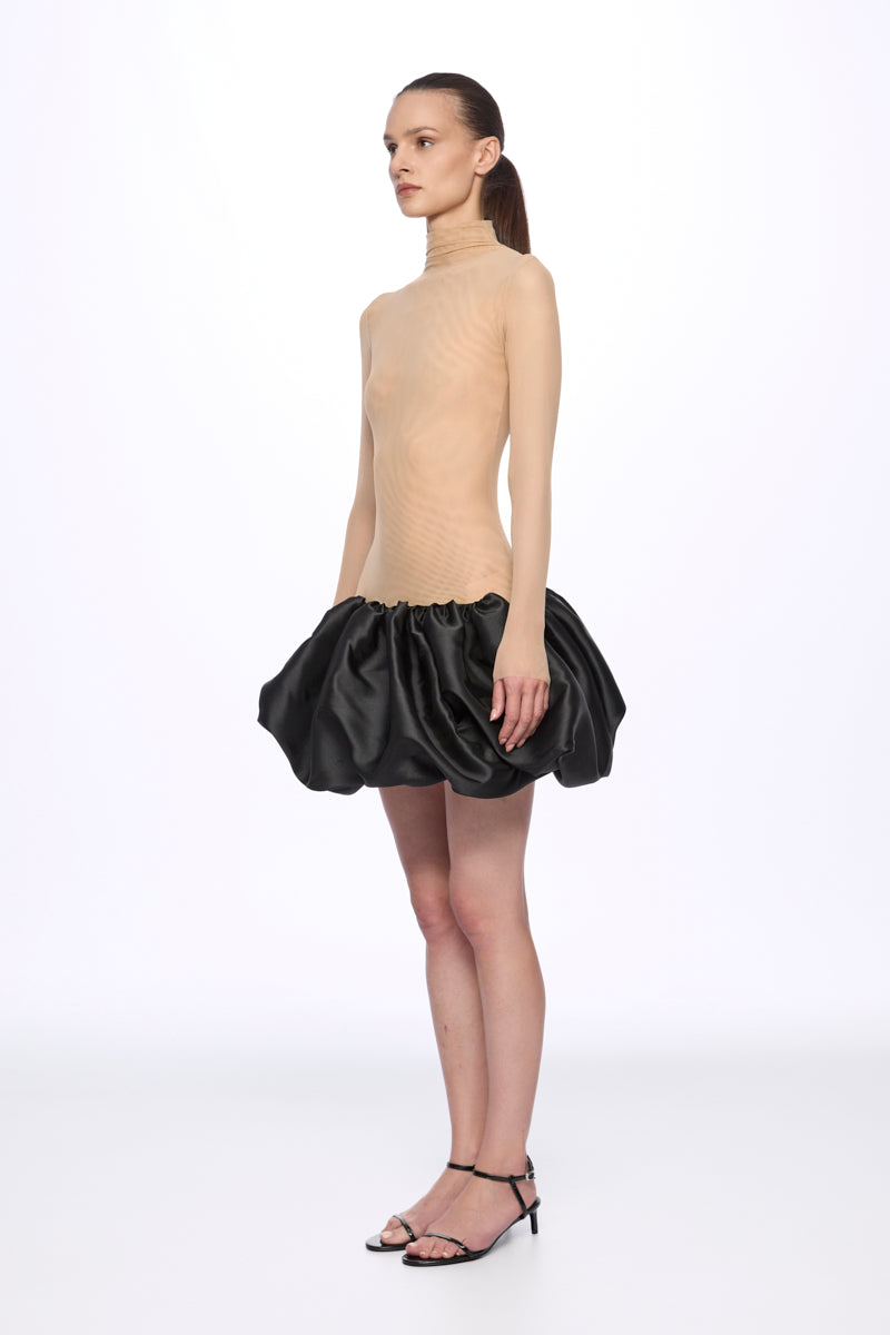 Mini dress with low waist ruffle skirt