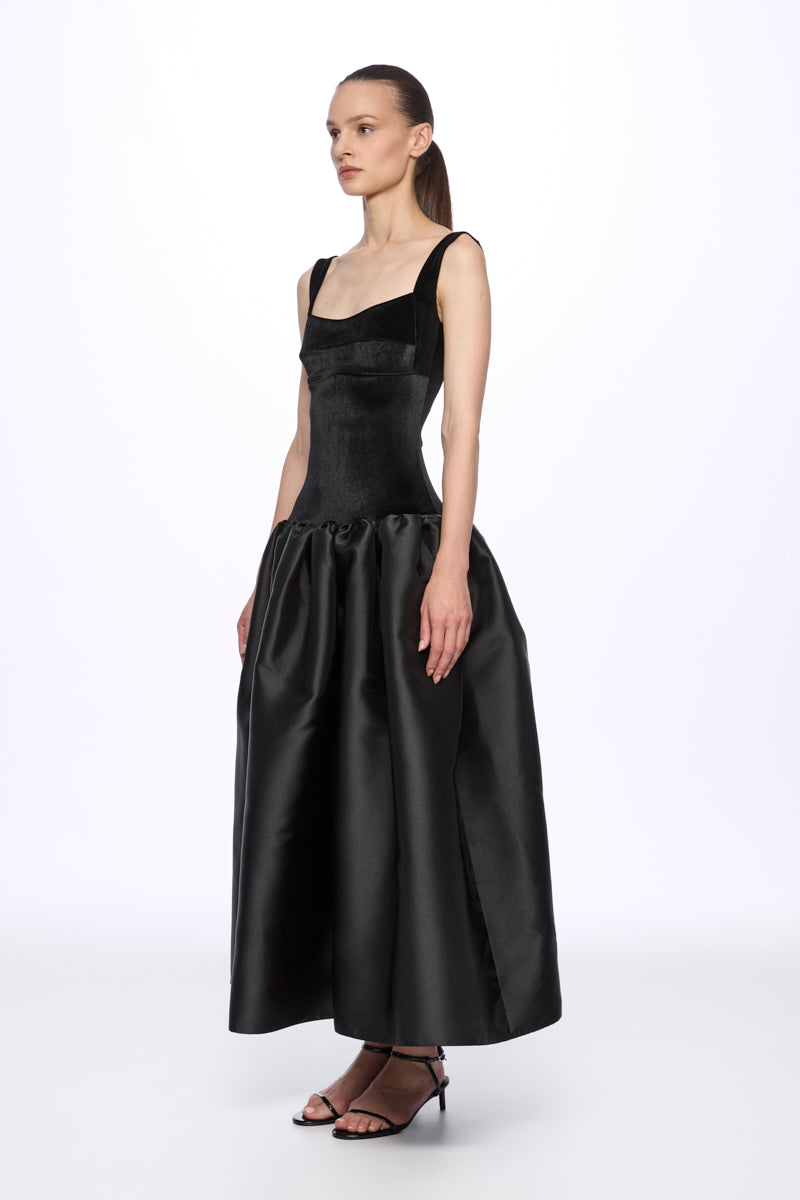 Black velvet corset detail flared dress