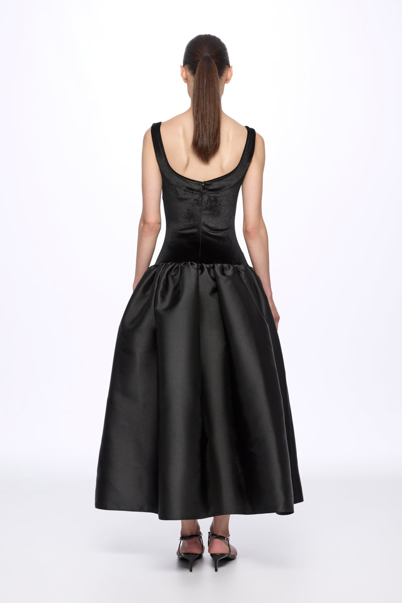 Black velvet corset detail flared dress