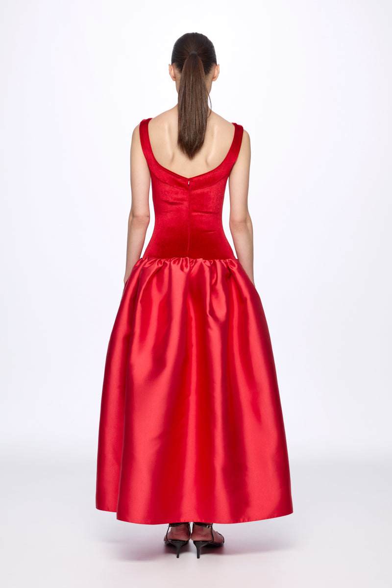 Red velvet corset detail flared dress