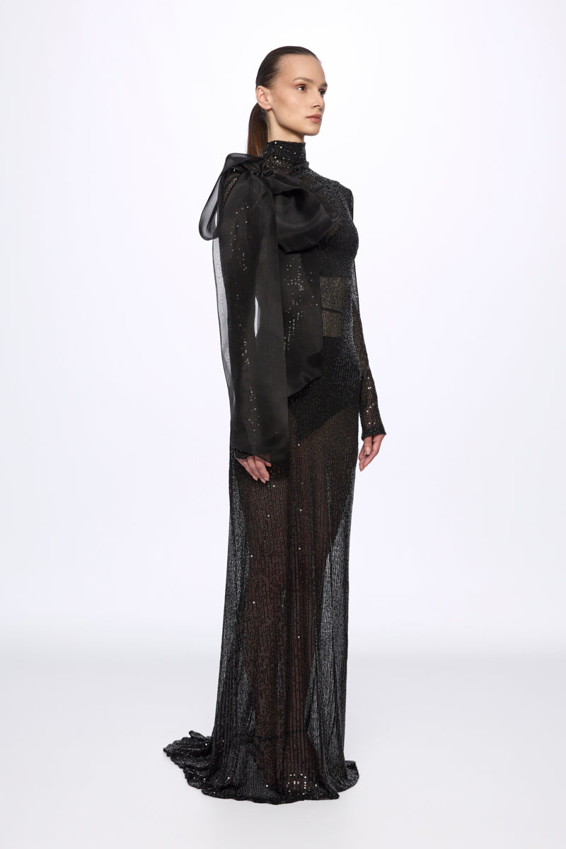 High neck sequin dress with organza bow detail