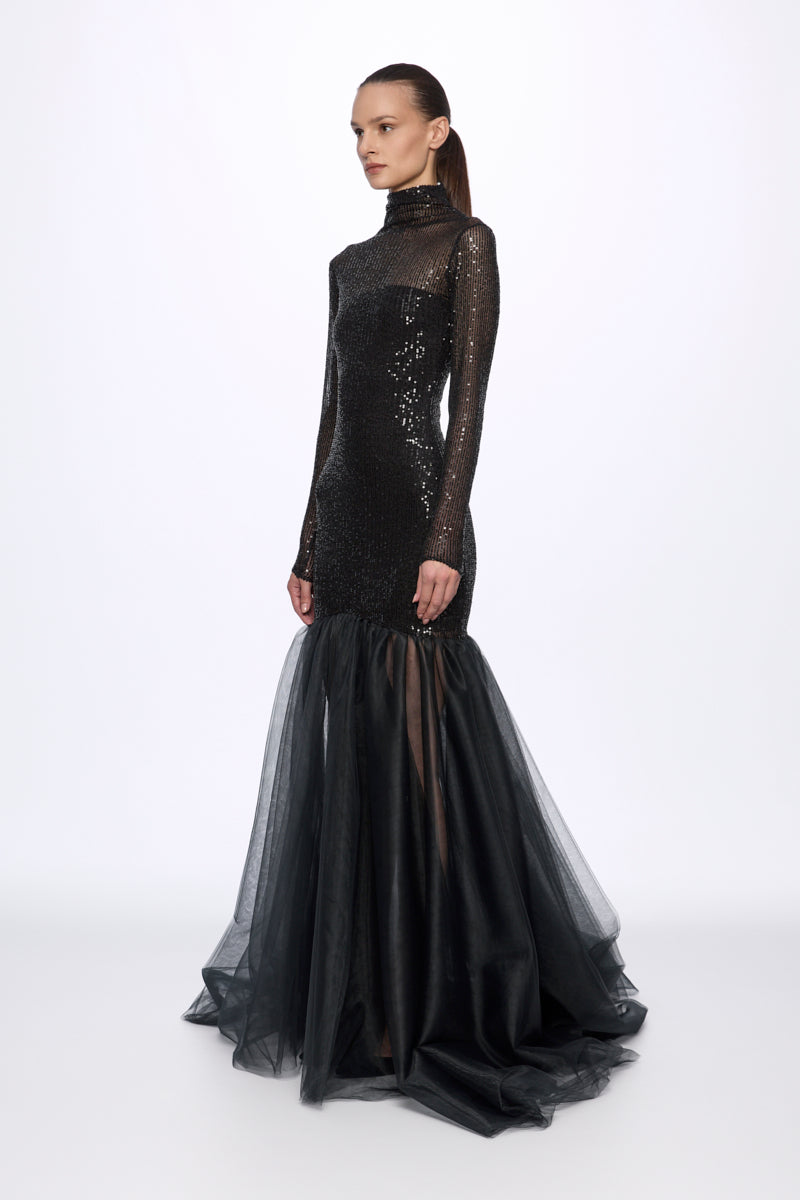Turtleneck sequin and tulle gown dress