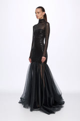 Turtleneck sequin and tulle gown dress
