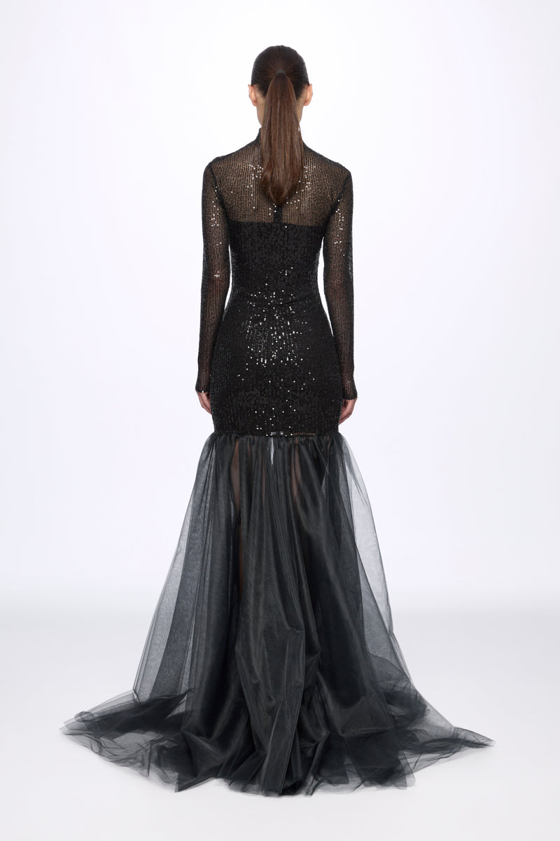 Turtleneck sequin and tulle gown dress