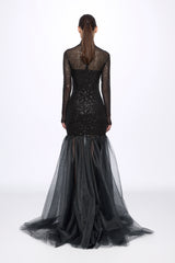 Turtleneck sequin and tulle gown dress