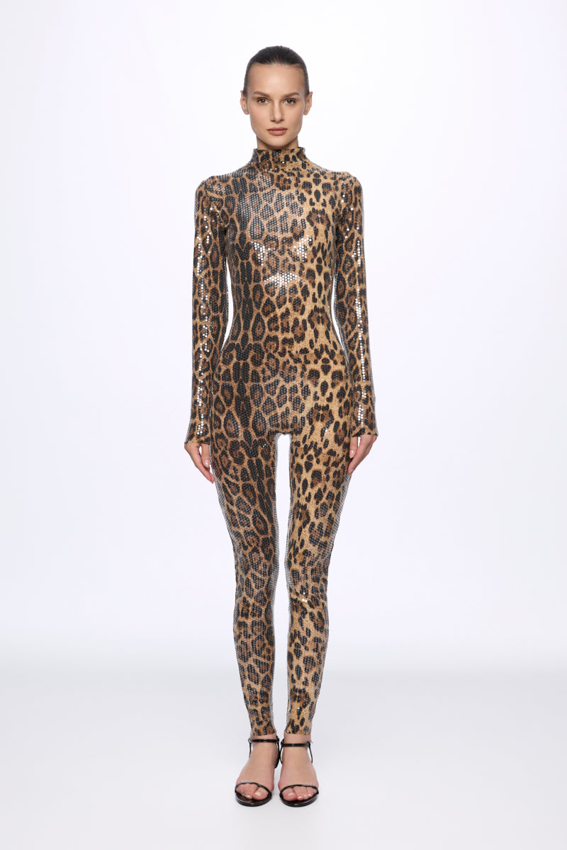 High neck sequin leopard-print jumpsuit
