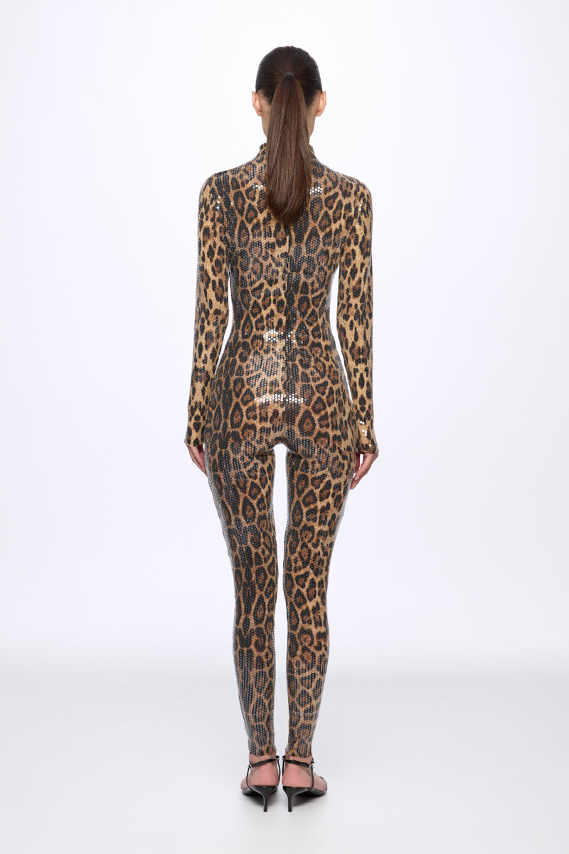 High neck sequin leopard-print jumpsuit