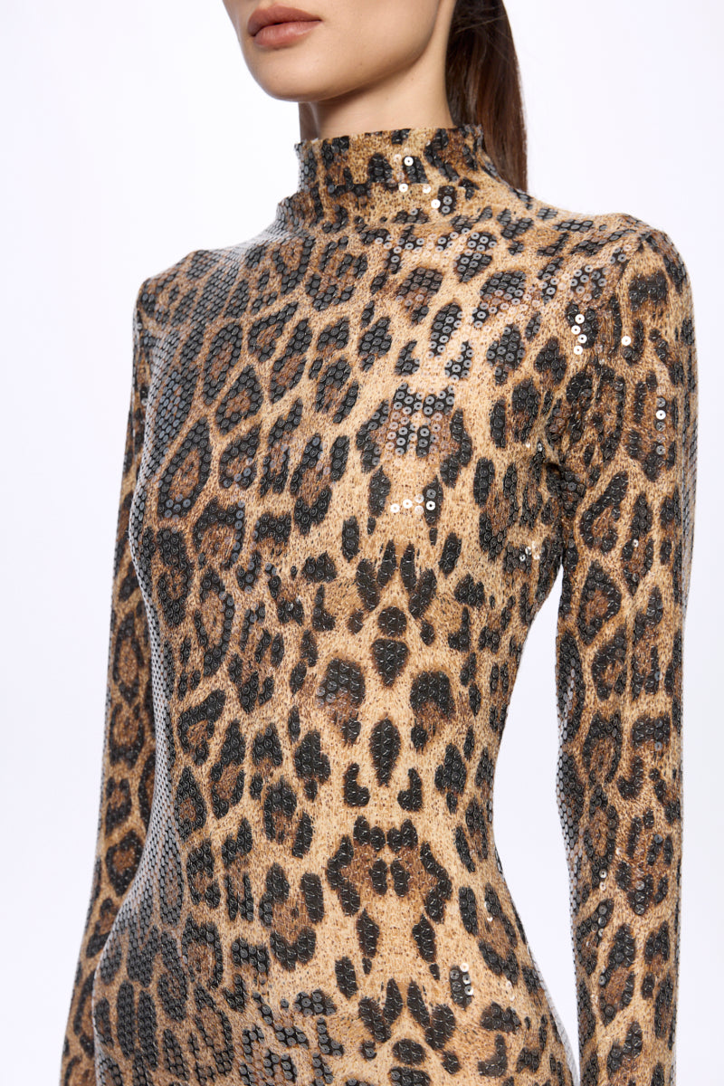 High neck sequin leopard-print jumpsuit