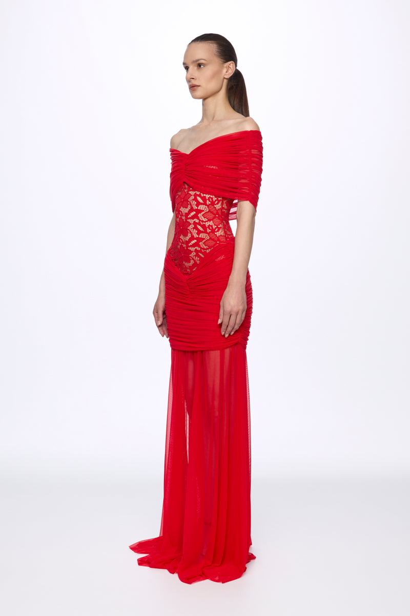 Lace detail draped maxi dress