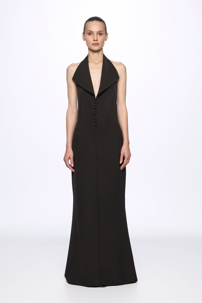 Black halter-neck front buttons maxi dress