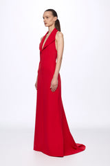 Red halter-neck front buttons maxi dress