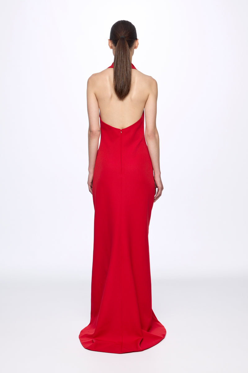 Red halter-neck front buttons maxi dress