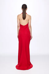 Red halter-neck front buttons maxi dress