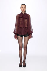 Wine Silk Chiffon Shirt With Attached Scarf