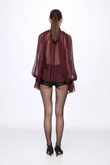 Wine Silk Chiffon Shirt With Attached Scarf