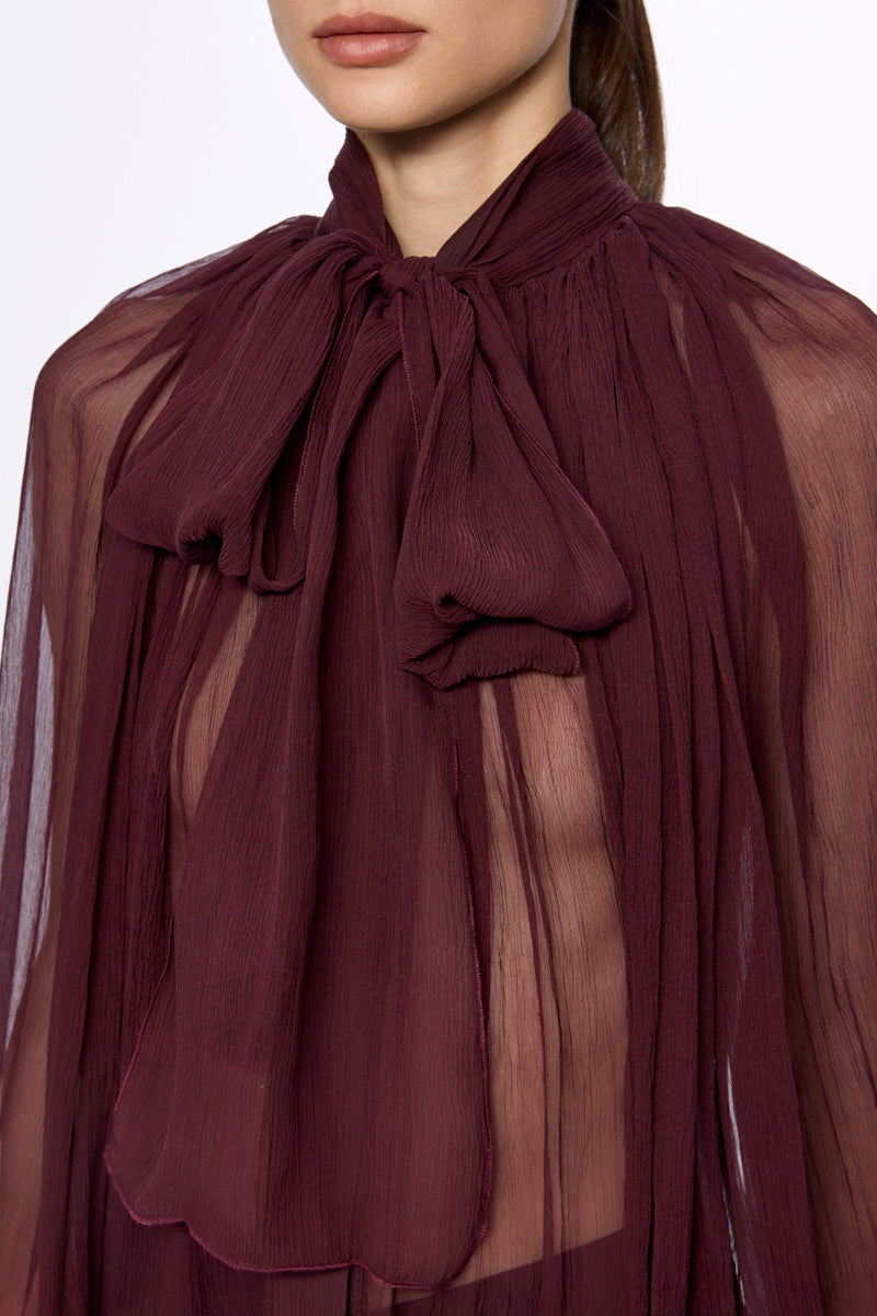 Wine Silk Chiffon Shirt With Attached Scarf