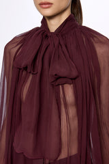Wine Silk Chiffon Shirt With Attached Scarf