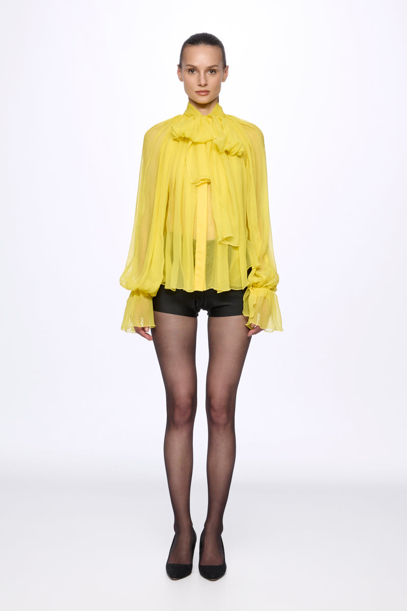 Lemon Silk Chiffon Shirt With Attached Scarf