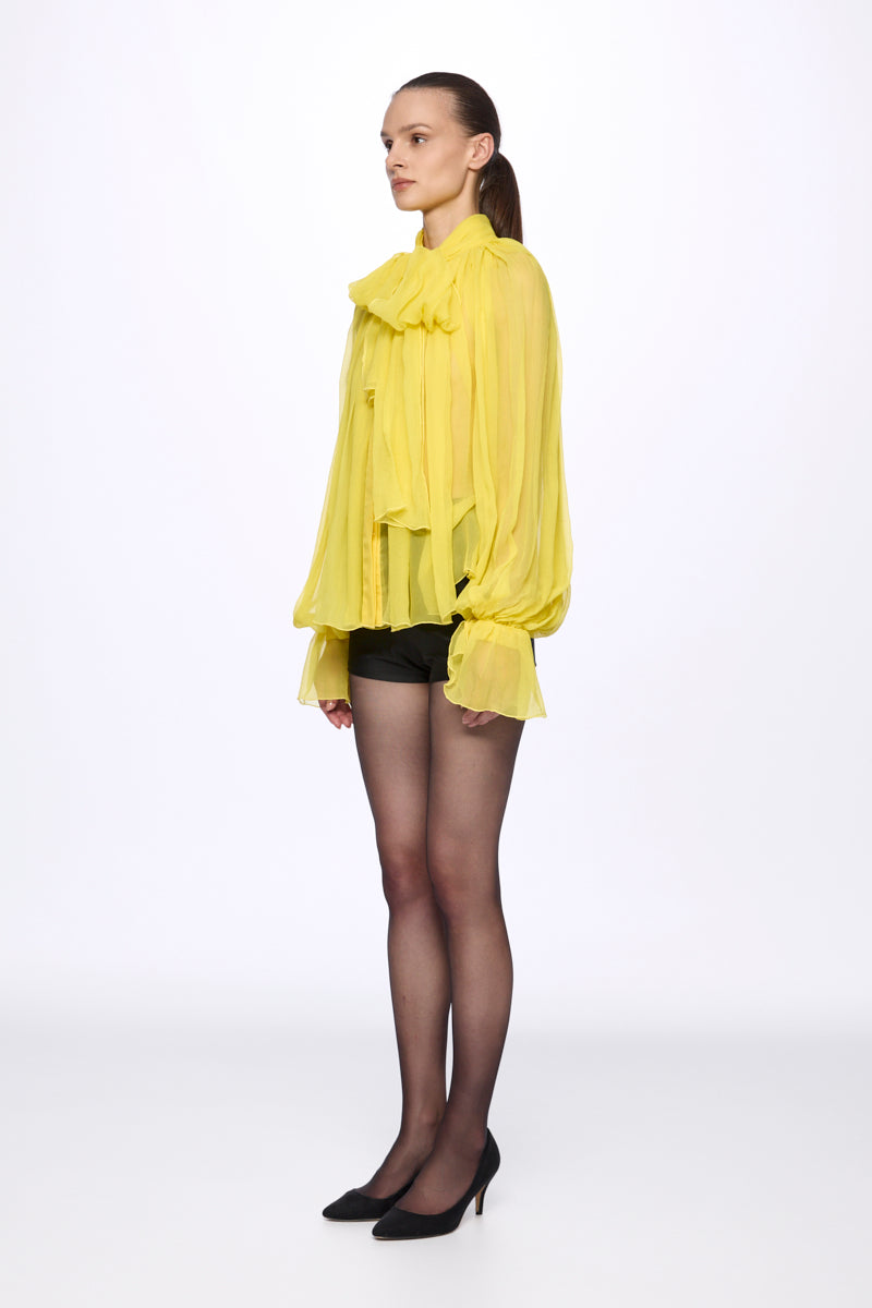 Lemon Silk Chiffon Shirt With Attached Scarf